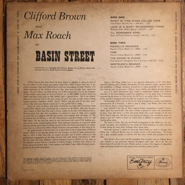 Clifford Brown And Max Roach - At Basin Street (LP, Album)