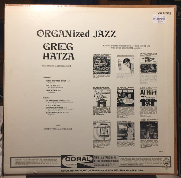 Greg Hatza With Eric Gale And Grady Tate - Organized Jazz (LP, Album)
