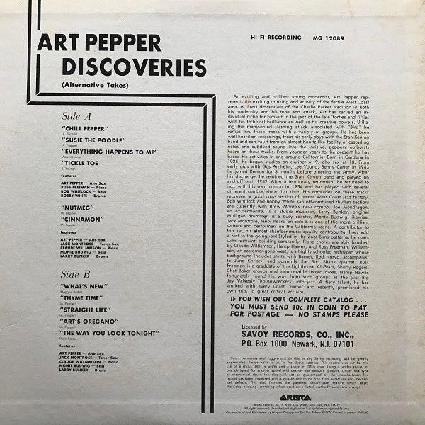 Art Pepper - Discoveries (Alternative Takes) (LP, Mono)