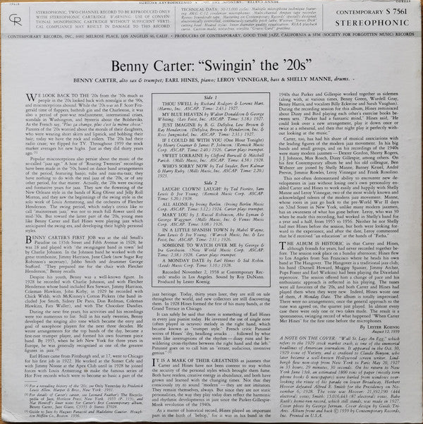 The Benny Carter Quartet - Swingin' The '20s (LP, Album, Dee)