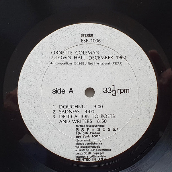 Ornette Coleman - Town Hall • 1962 (LP, Album, Lam)