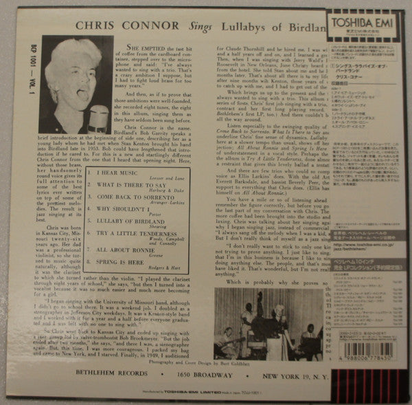 Chris Connor - Sings Lullabys Of Birdland (10"", Album, Mono, RE)