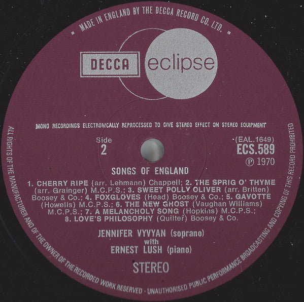 Jennifer Vyvyan, Ernest Lush - Songs Of England (LP, RE, RM)