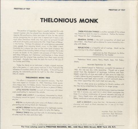 Thelonious Monk Trio - Thelonious Monk Trio (LP, Comp, Mono, RE)