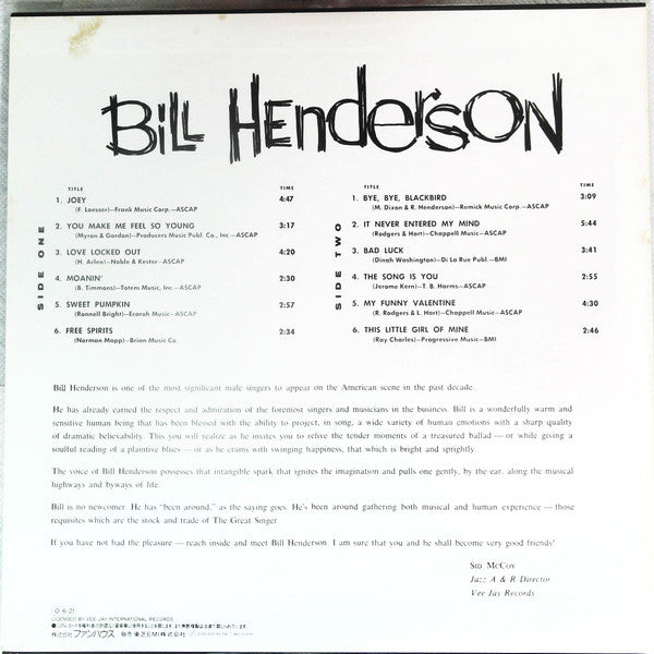 Bill Henderson (3) - Sings (LP, RE)