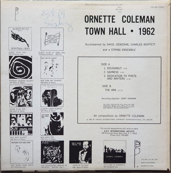 Ornette Coleman - Town Hall • 1962 (LP, Album, Lam)