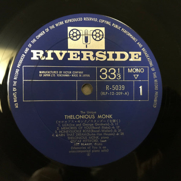 Thelonious Monk - The Unique Thelonious Monk (LP, Album, Mono)