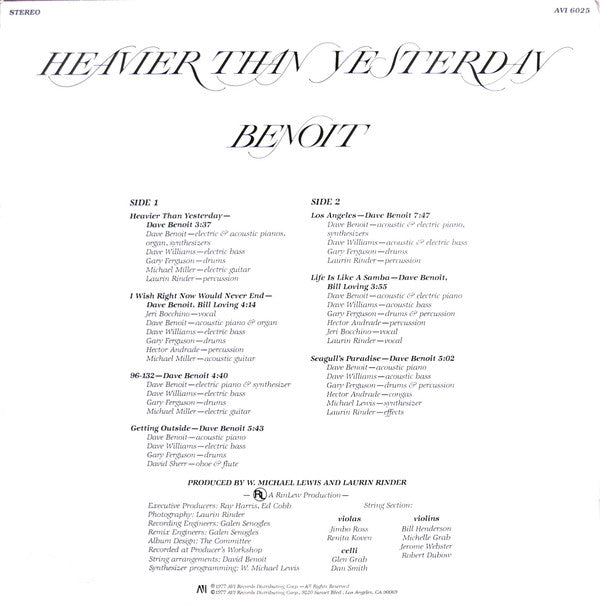 David Benoit - Heavier Than Yesterday (LP, Album, RE)
