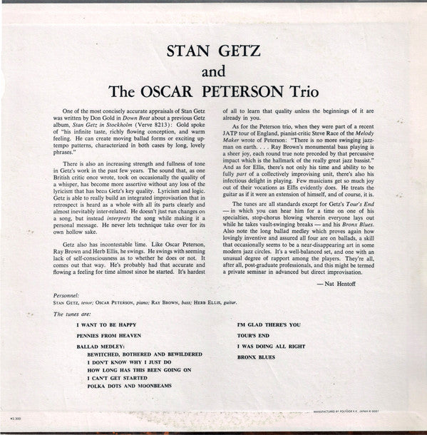 Stan Getz - Stan Getz And The Oscar Peterson Trio(LP, Album, Mono, RE)