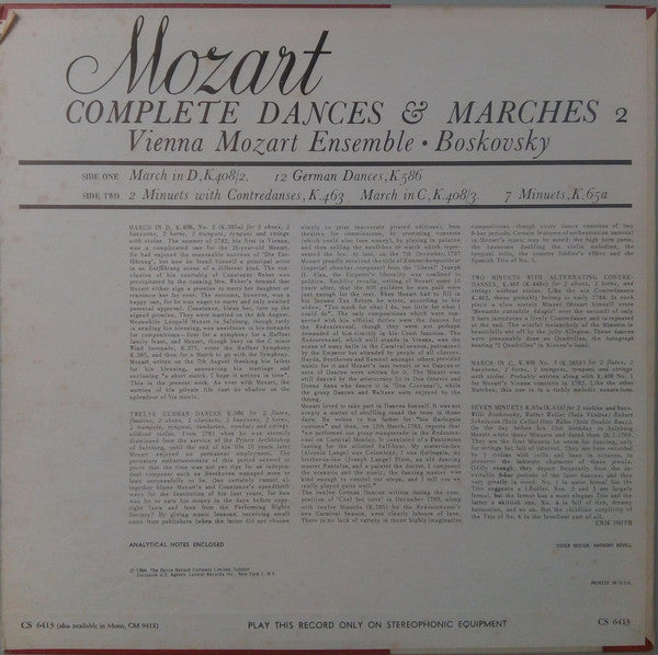 Wolfgang Amadeus Mozart - Complete Dances & Marches (Volume 2)(LP)