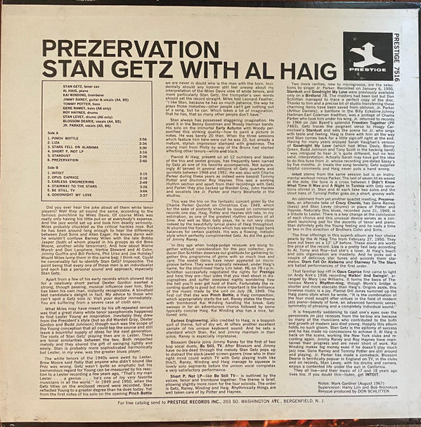 Stan Getz With Al Haig - Prezervation (LP, Comp, Blu)