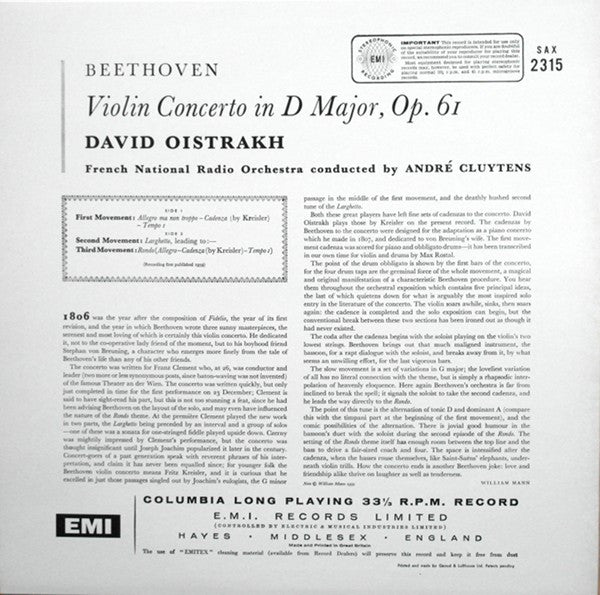 Ludwig Van Beethoven - Violinkonzert D-Dur Op. 61(LP, Album, RE)