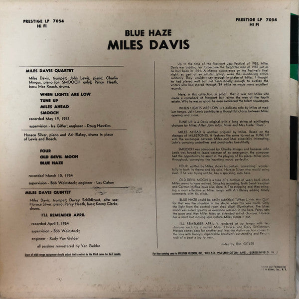 Miles Davis - Blue Haze (LP, Album, Mono, RP)