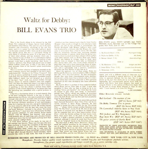 The Bill Evans Trio - Waltz For Debby (LP, Album, Mono)
