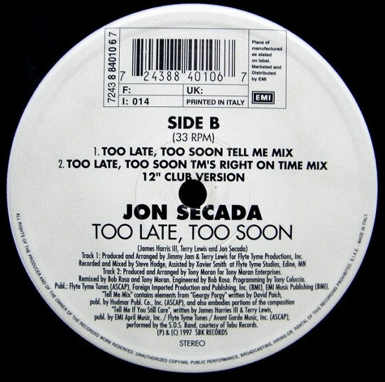 Jon Secada - Too Late, Too Soon (12"")