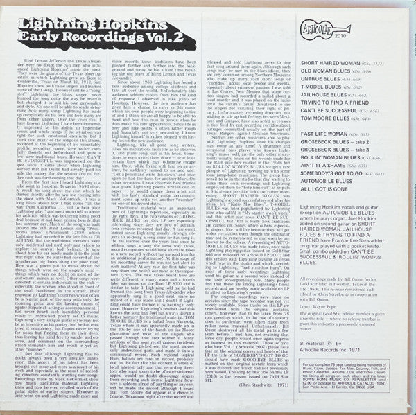 Lightning Hopkins* - Early Recordings Vol. 2 (LP, Comp, RE)