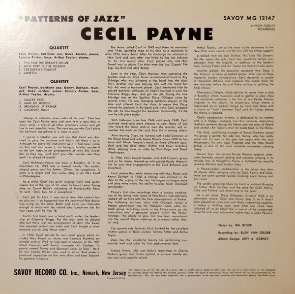 Cecil Payne - Patterns Of Jazz (LP, Album, RE)