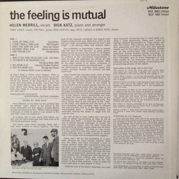 Helen Merrill - The Feeling Is Mutual(LP, Album, RE)