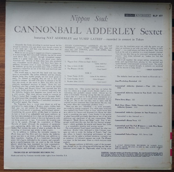 Cannonball Adderley Sextet - Nippon Soul (LP, Album, Mono)