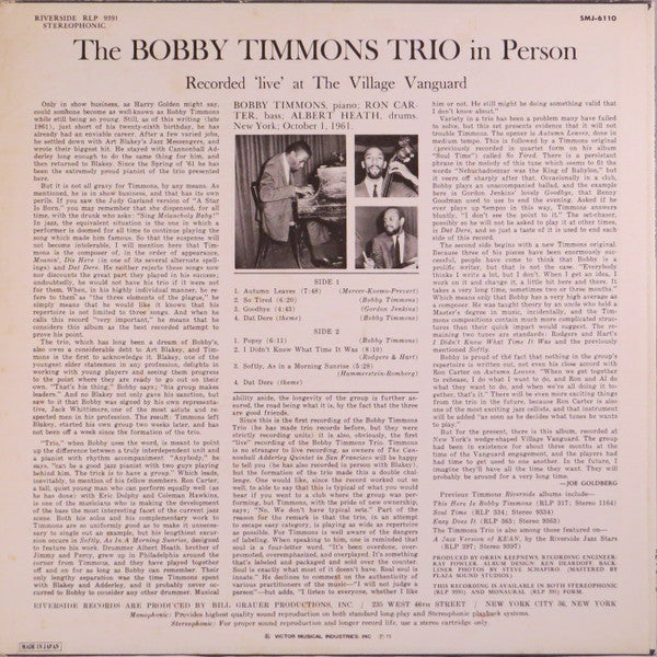 The Bobby Timmons Trio - In Person (LP, Album, RE)