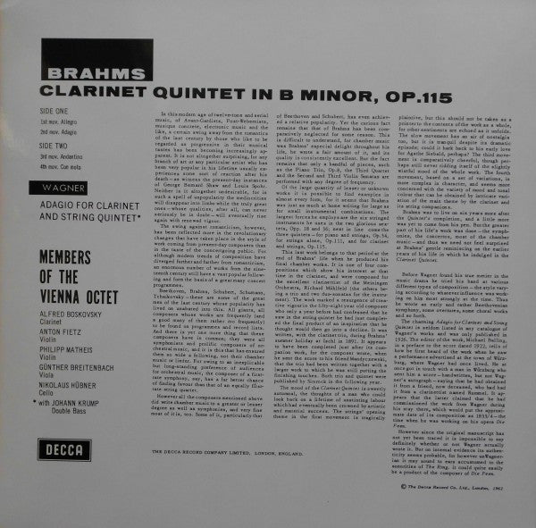 Johannes Brahms - Clarinet Quintet / Adagio For Clarinet And String...