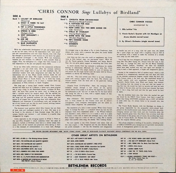 Chris Connor - Sings Lullabys Of Birdland (LP, Album, Mono, Promo)