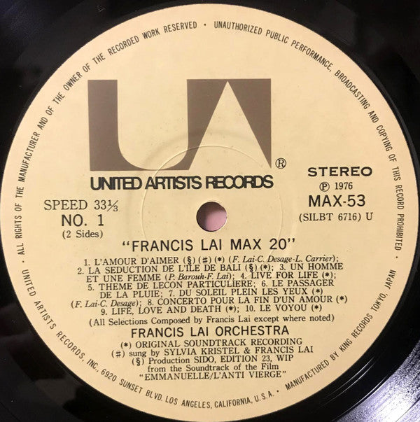 Francis Lai And His Orchestra - Francis Lai Max 20(LP, Album, Comp,...