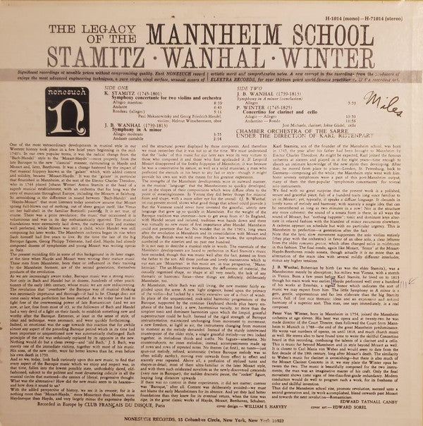 Carl Stamitz - The Legacy Of The Mannheim School(LP, Album, RP)