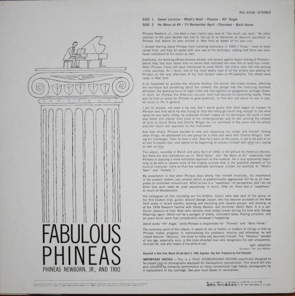 Phineas Newborn, Jr., And Trio* - Fabulous Phineas (LP, Album, RE)