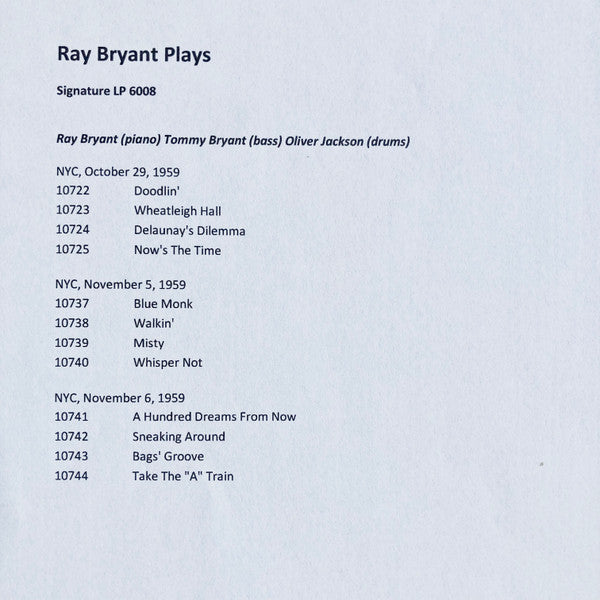 Ray Bryant - Ray Bryant Plays (LP, Album)