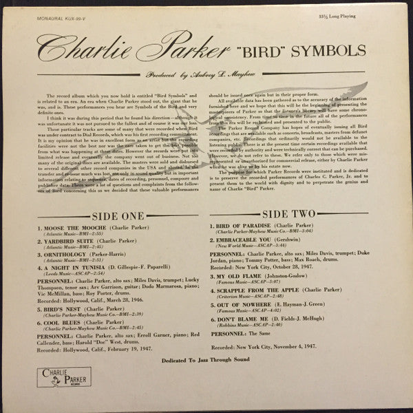 Charlie Parker - ""Bird"" Symbols (LP, Mono, RE, Ora)