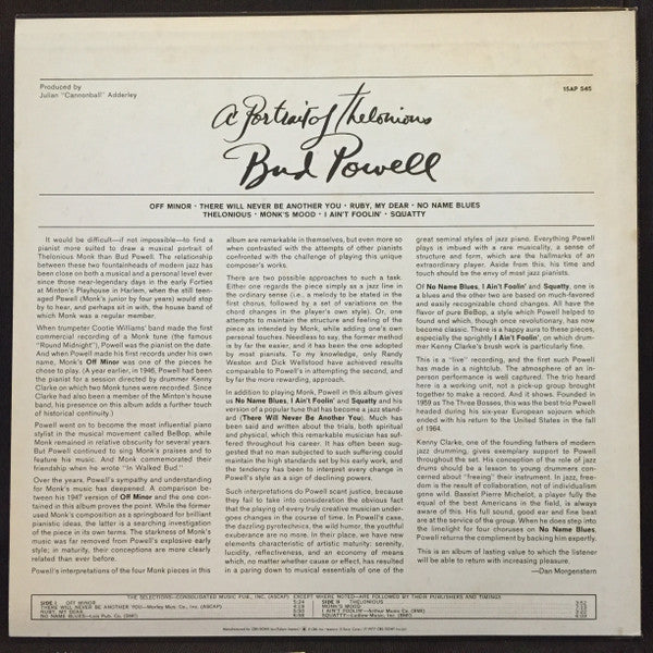 Bud Powell - A Portrait Of Thelonious (LP, Album)