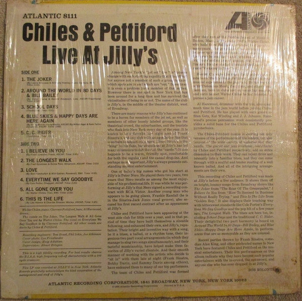 Chiles & Pettiford - Live At Jilly's (LP, Album, Mono)