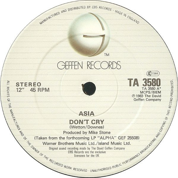 Asia (2) - Don't Cry (12"")