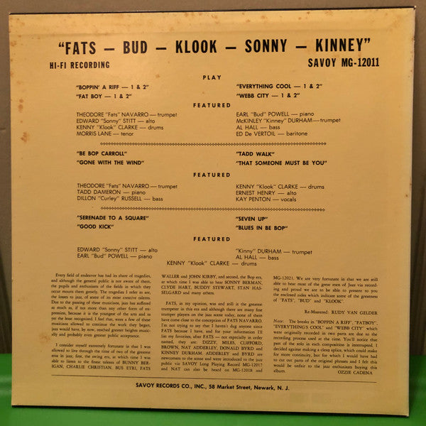 Fats Navarro - Fats-Bud-Klook-Sonny-Kinney (LP, Album, Mono)