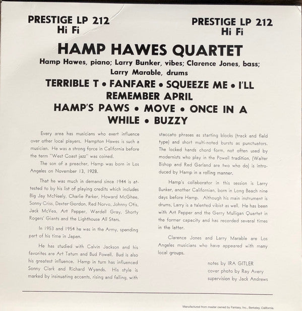 Hamp Hawes Quartet* - Hamp Hawes Quartet (10"", Album, RE)