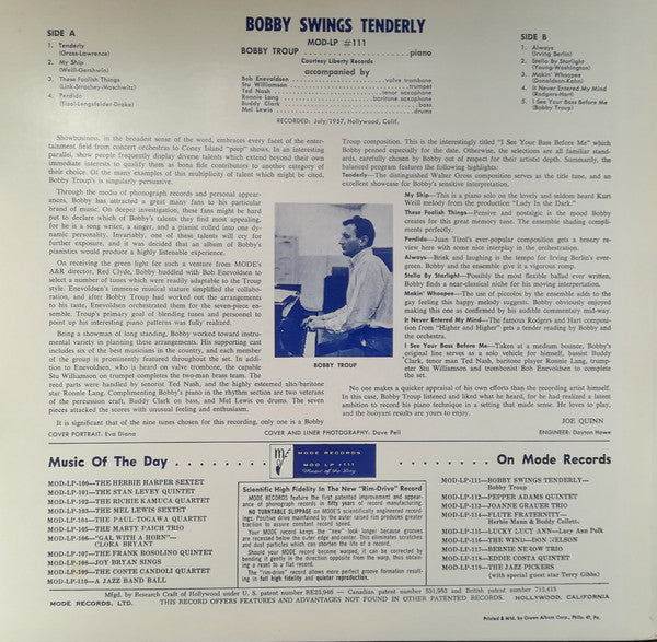 Bobby Troup - Bobby Swings Tenderly (LP, Album, Mono, RE)