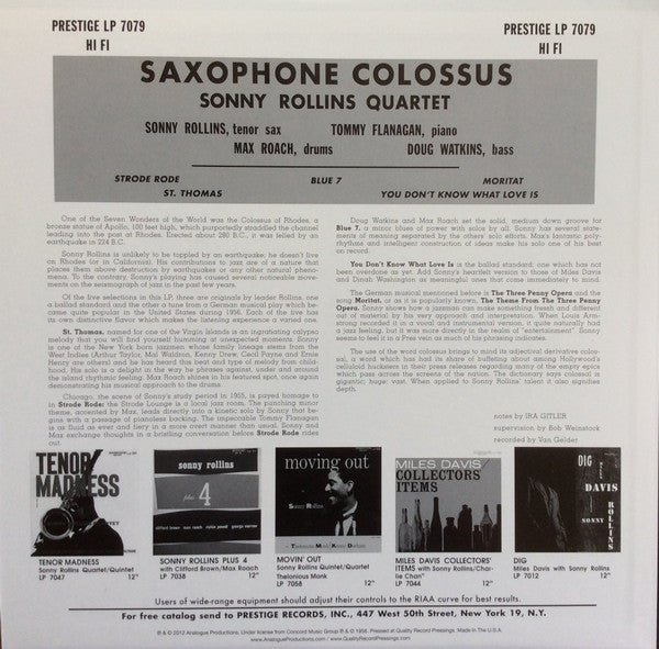 Sonny Rollins - Saxophone Colossus (LP, Album, Mono, RE, 200)