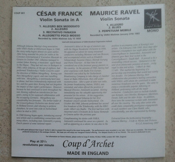 Johanna Martzy - Franck And Ravel Violin Sonatas(LP, Mono)