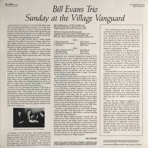 The Bill Evans Trio - Sunday At The Village Vanguard (LP, Album, RE...