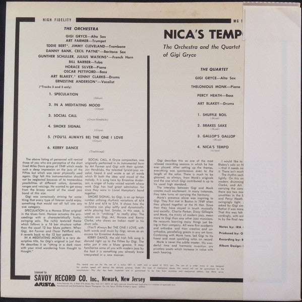 The Gigi Gryce Orchestra - Nica's Tempo(LP, Album, Mono, RE)