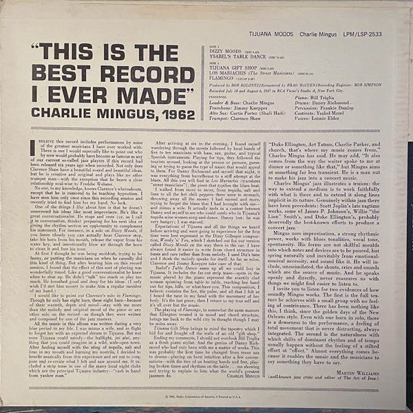 Charlie Mingus* - Tijuana Moods (LP, Album, RM, RP, Ind)