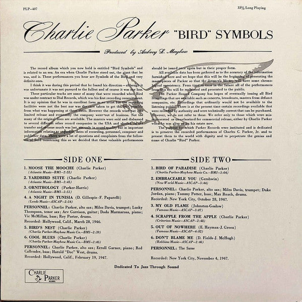 Charlie Parker - ""Bird"" Symbols (LP, Comp, Mono, Ltd, RE)