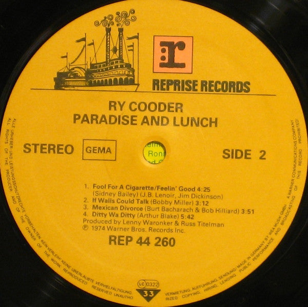 Ry Cooder - Paradise And Lunch (LP, Album, RE)