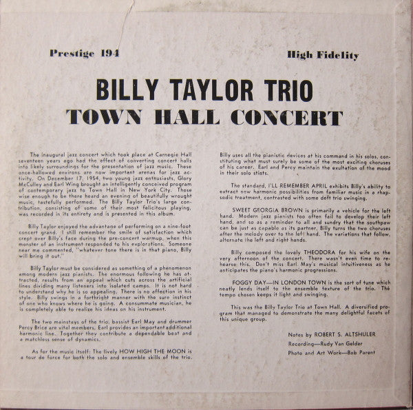 Billy Taylor Trio - In Concert At Town Hall, December 17, 1954 (10"")