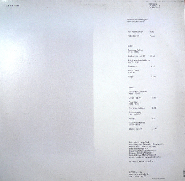 Kim Kashkashian / Robert Levin - Elegies (LP, Album)
