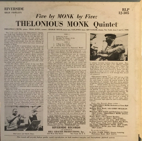 Thelonious Monk Quintet* - 5 By Monk By 5 (LP, Album, RP)