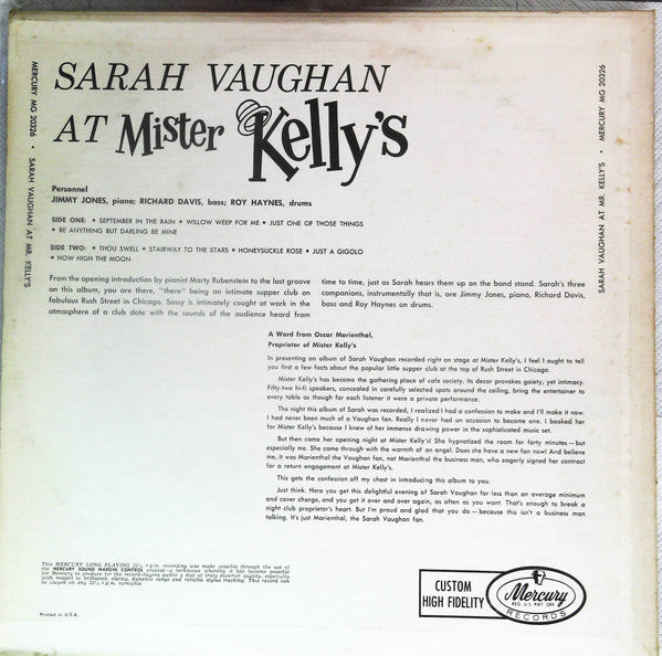 Sarah Vaughan And Her Trio - Sarah Vaughan At Mister Kelly's(LP, Mono)