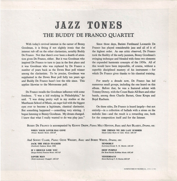 The Buddy DeFranco Quartet* - Jazz Tones (LP, Album, Mono, RE)
