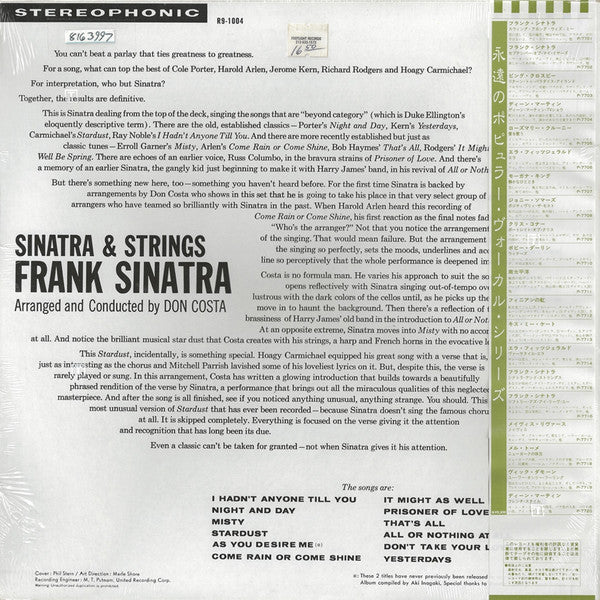 Frank Sinatra - Sinatra & Strings (LP, Album, RE)